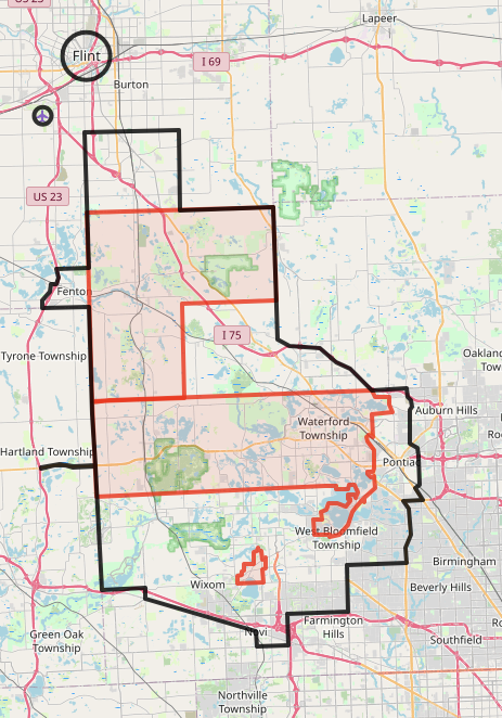 Color-coded map showing areas around Flint, Michigan.